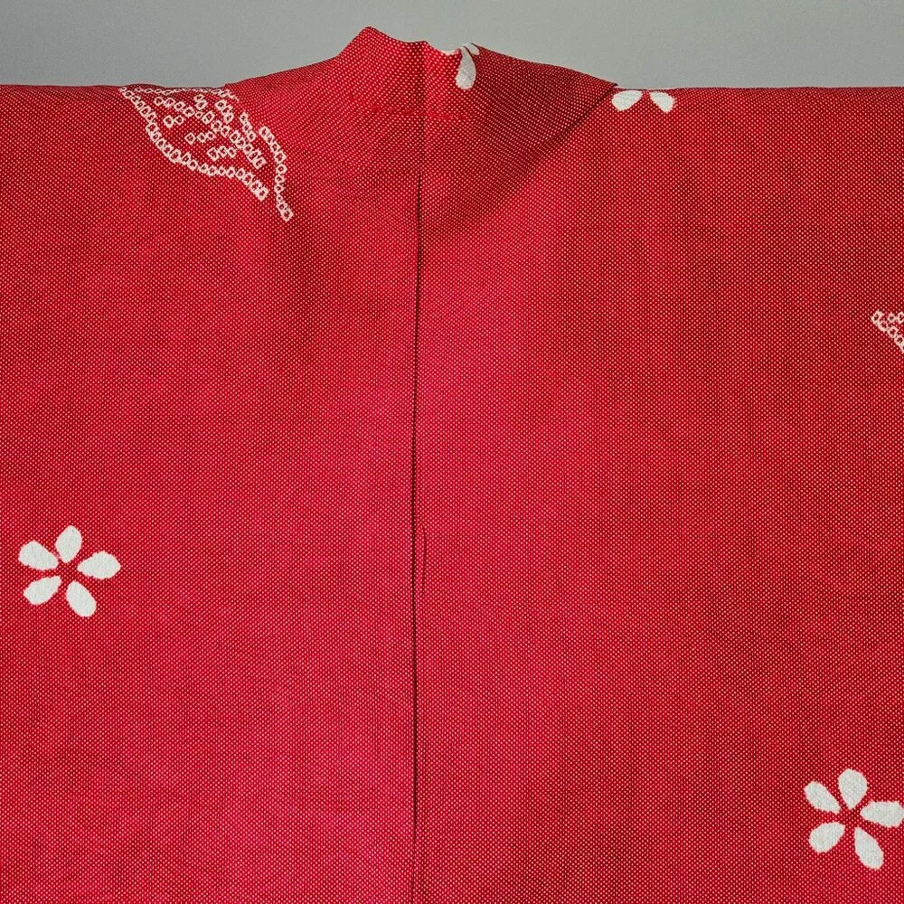 Vintage Red Silk Kimono Jacket: Jacquard Shibori Haori H1526 - Picture 8 of 11